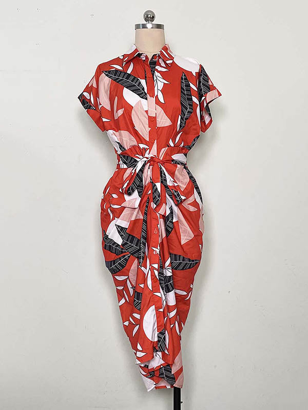 Buttoned Leaves Print Tied Waist Raglan Sleeve Short Sleeves Lapel Shirt Dress Midi Dresses