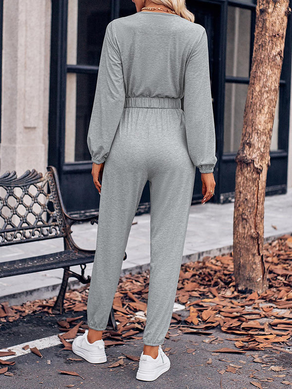 Belted Elasticity Long Sleeves V-neck Jumpsuits