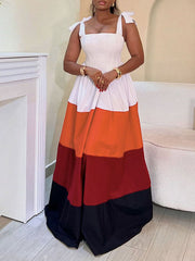 Contrast Color Pleated Pockets Tied Zipper A-Line High Waisted Spaghetti-Neck Maxi Dresses