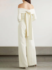 Pleated Solid Color Split-Joint Tied High Waisted Long Sleeves Off-The-Shoulder Jumpsuits