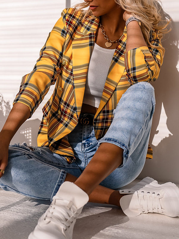 Buttoned Plaid Pockets Long Sleeves Loose Notched Collar Outerwear Blazer