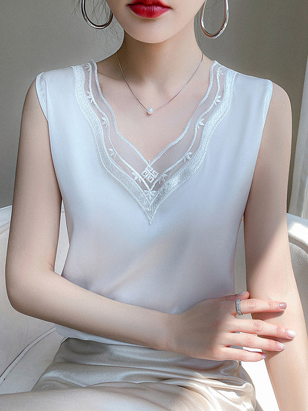 Solid Color Split-Joint Loose Sleeveless V-Neck Vest Top