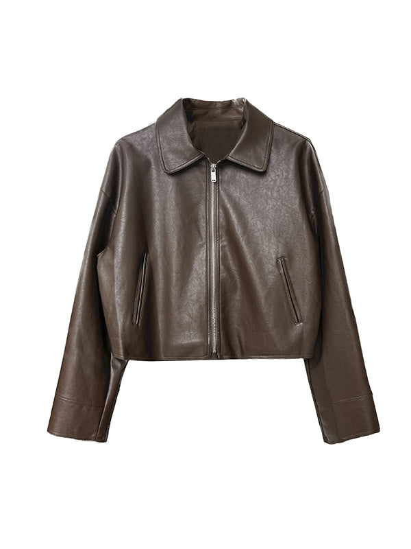 Solid Color Zipper Long Sleeves Loose Lapel Collar Outerwear Jackets&Coats