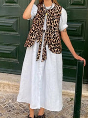 Lace-Up Leopard Split-Joint Loose Sleeveless V-neck Vest Outerwear