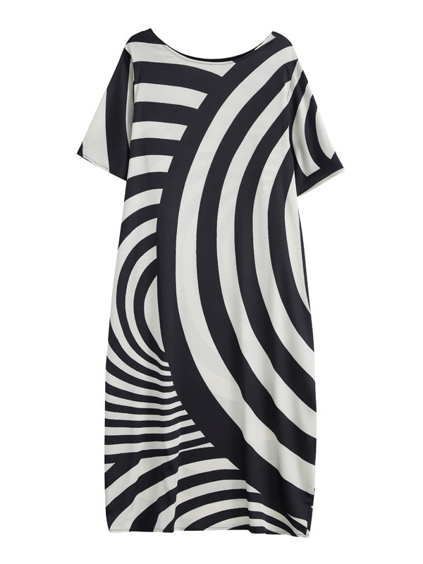 Original Striped Irregularity Round-Neck Midi Dress