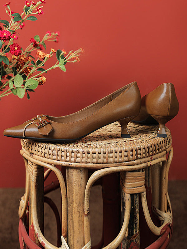 Belt Buckle Pointed-Toe Shallow Cut Split-Joint Pumps