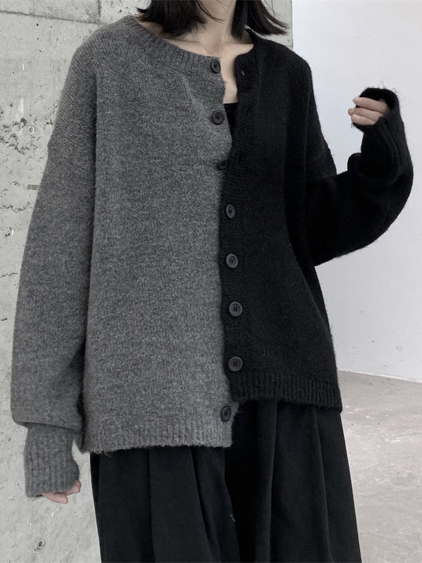 Asymmetric Buttoned Contrast Color Split-Joint Long Sleeves Loose Round-Neck Cardigan Tops