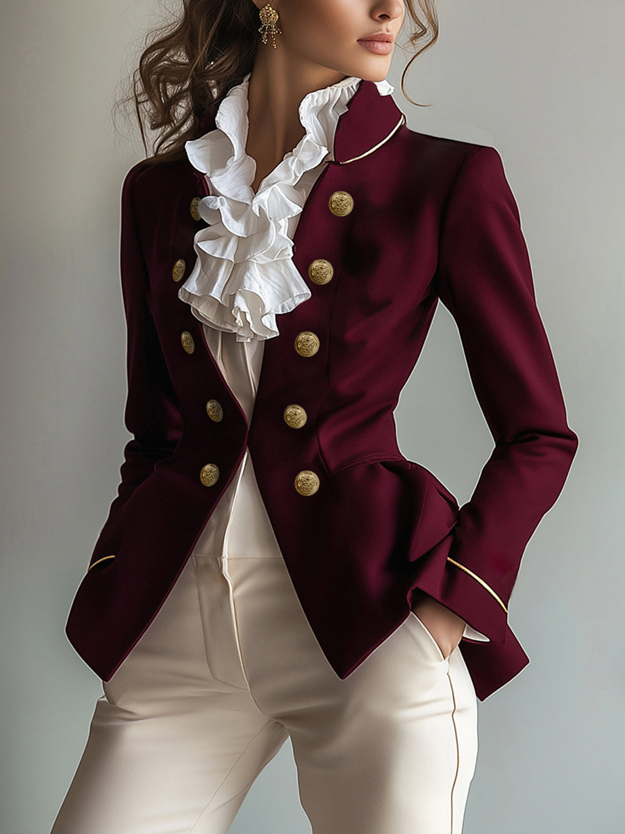 Buttoned Solid Color Split-Joint Long Sleeves Skinny Stand Collar Outerwear Blazer