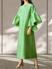 Falbala Solid Color Flared Sleeves Wrap Round-Neck Midi Dresses