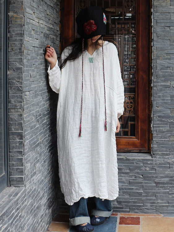 100% Linen Manual Embroidered Long Dress