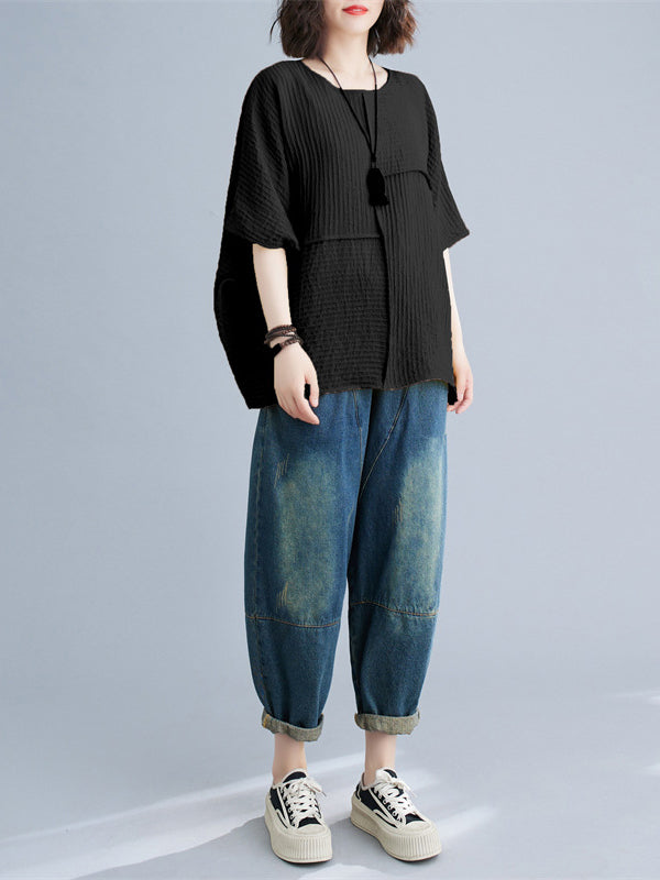 Solid Color Split-Joint Batwing Sleeves Loose Round-neck T-Shirts Tops