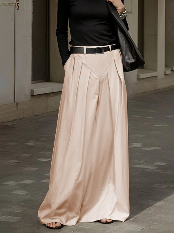Belted Pleated Pockets Solid Color Split-Joint Zipper Loose Skirts Bottoms