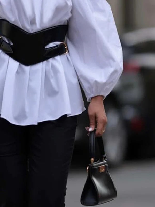 Belted Elasticity Pleated Solid Color Long Sleeves Loose Off-The-Shoulder Blouses&Shirts Tops