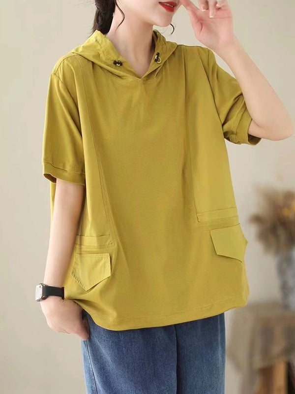 Solid Color Loose Short Sleeves Hooded T-Shirts Tops