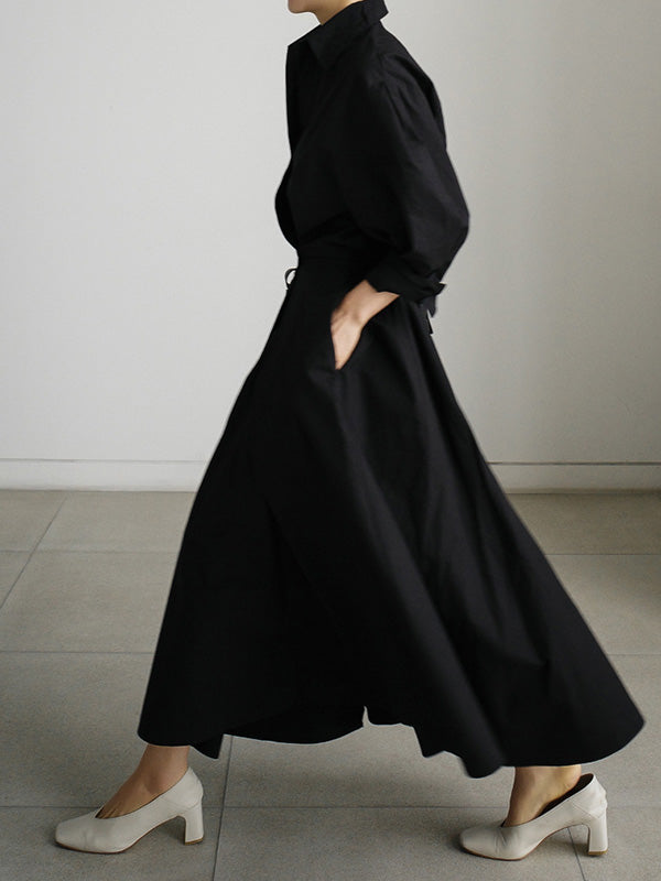 Original Solid Color Lapel Long Sleeves Midi Dress