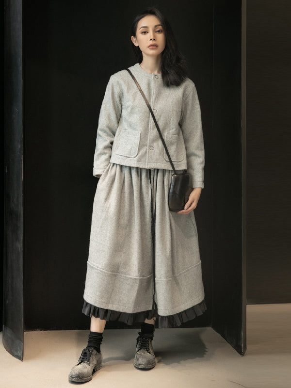 Urban Long Sleeves Buttoned Round-Neck Jacket Top+ Split-Joint Skirt Two Pieces Set