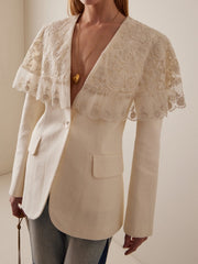 Buttoned Embroidered Mesh Pockets Split-Joint Long Sleeves Deep V-Neck Outerwear Blazer