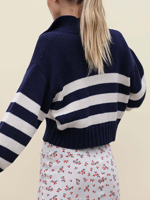 Contrast Color Striped Long Sleeves Loose Lapel Sweater