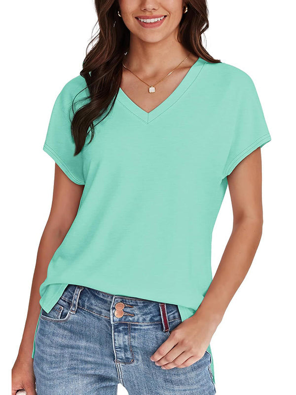 Solid Color Split-Joint Split-Side High-Low Raglan Sleeve V-Neck T-Shirts