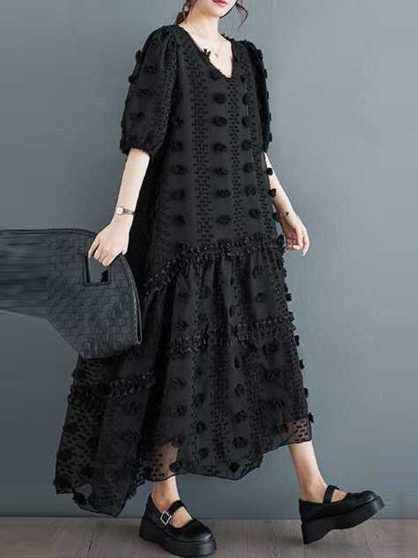 Elasticity Jacquard Solid Color Split-Joint A-Line Half Sleeves V-Neck Midi Dresses