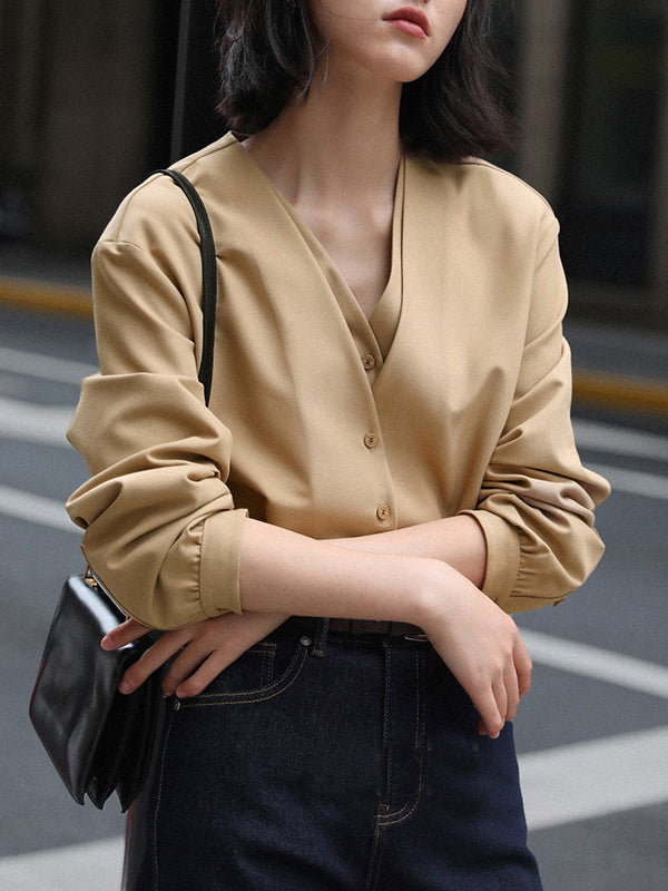 Buttoned Solid Color False Two Long Sleeves V-Neck Blouses&Shirts Tops
