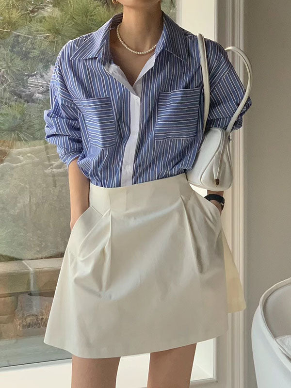 Buttoned Contrast Color Pockets Striped Long Sleeves Loose Lapel Blouses&Shirts Tops