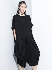 Loose Solid Color Round-Neck Short Sleeves  Tops+ Elasticity Pleated Cropped Pants Two Pieces Set