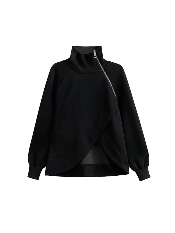 Asymmetric Split-Joint Zipper Long Sleeves Loose High Neck Sweatshirt Tops