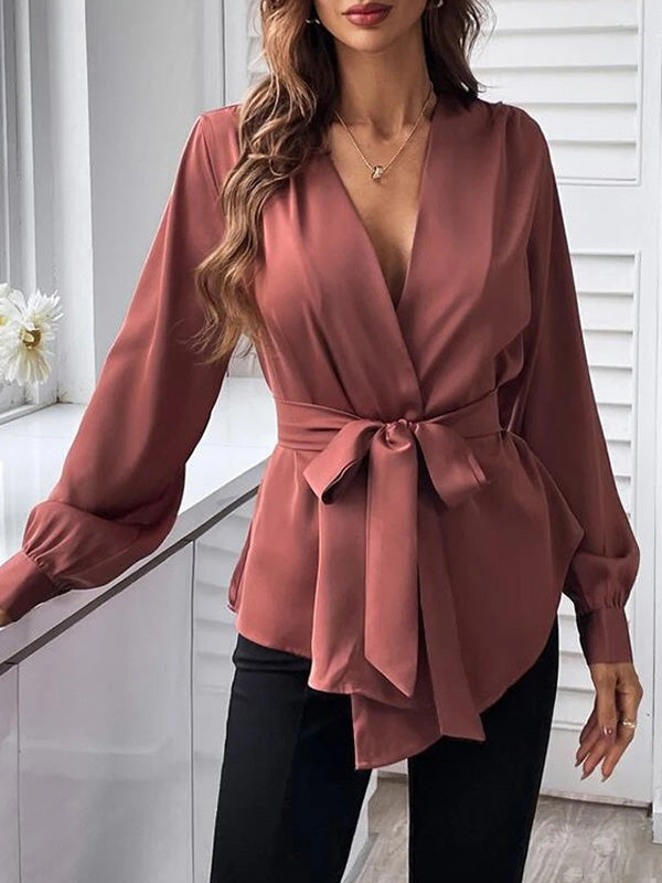Pleated Solid Color Split-Joint Tied Waist Loose Puff Sleeves V-neck Blouses&shirts Tops