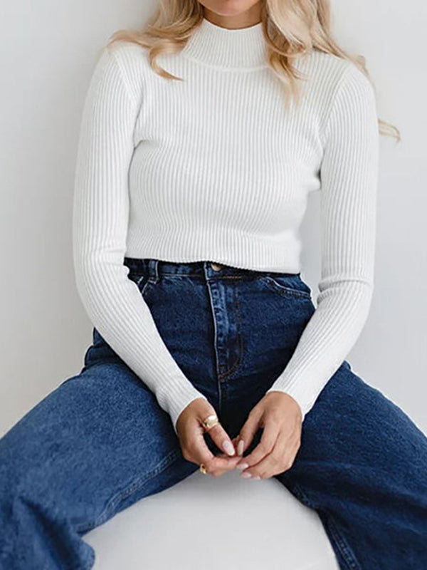 Solid Color Split-Joint Long Sleeves Skinny High Neck Sweater Tops