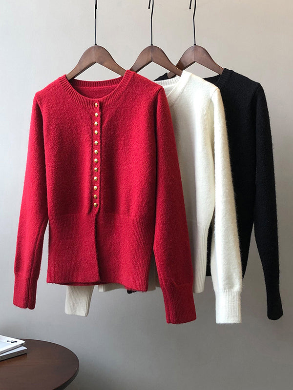 Elegant Long Sleeves Solid Color Round-Neck Cardigan Tops
