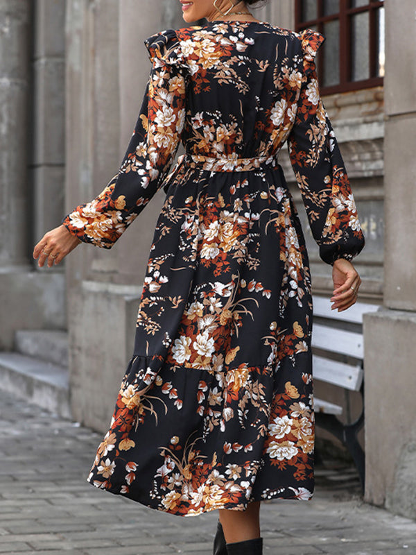 Flower Print Pleated Split-Joint Tied Waist Loose Puff Sleeves V-Neck Shirt Dress Midi Dresses