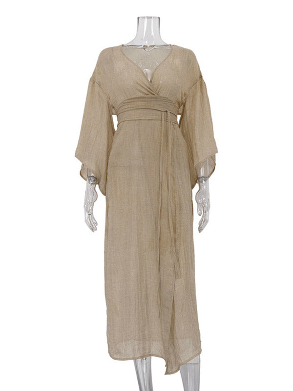 See-Through Solid Color Split-Side Tied Waist Loose Three-Quarter Sleeves V-Neck Midi Dresses