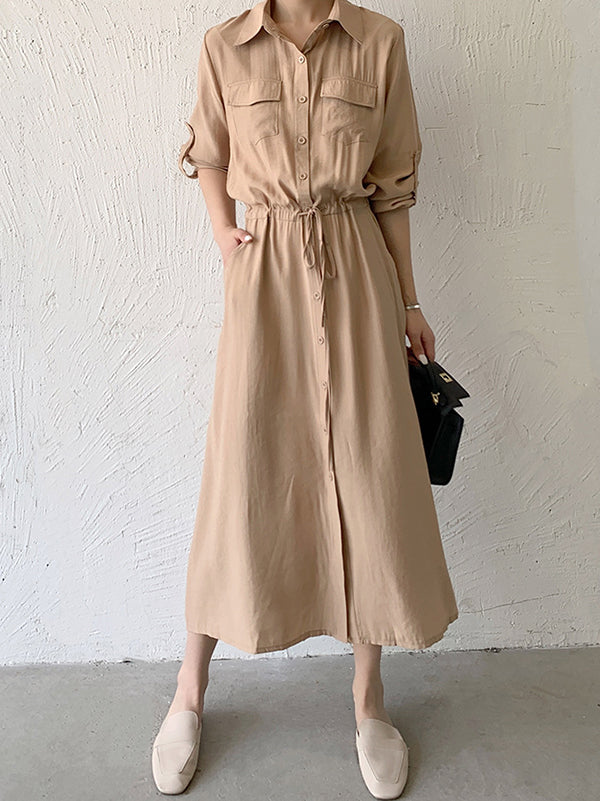 Casual A-Line Long Sleeves Bandage Solid Color Lapel Collar Shirt Midi Dresses