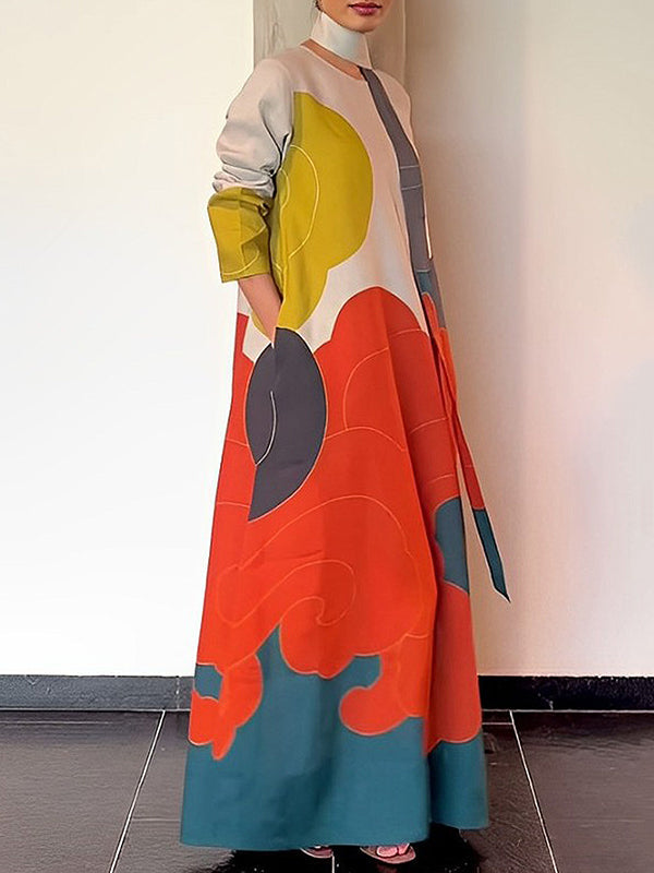 Printed Split-Joint Long Sleeves Loose Round-Neck Maxi Dresses