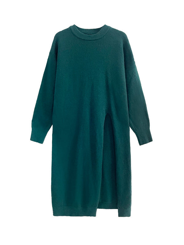 Solid Color Split-side Long Sleeves Loose Round-neck Sweater Tops