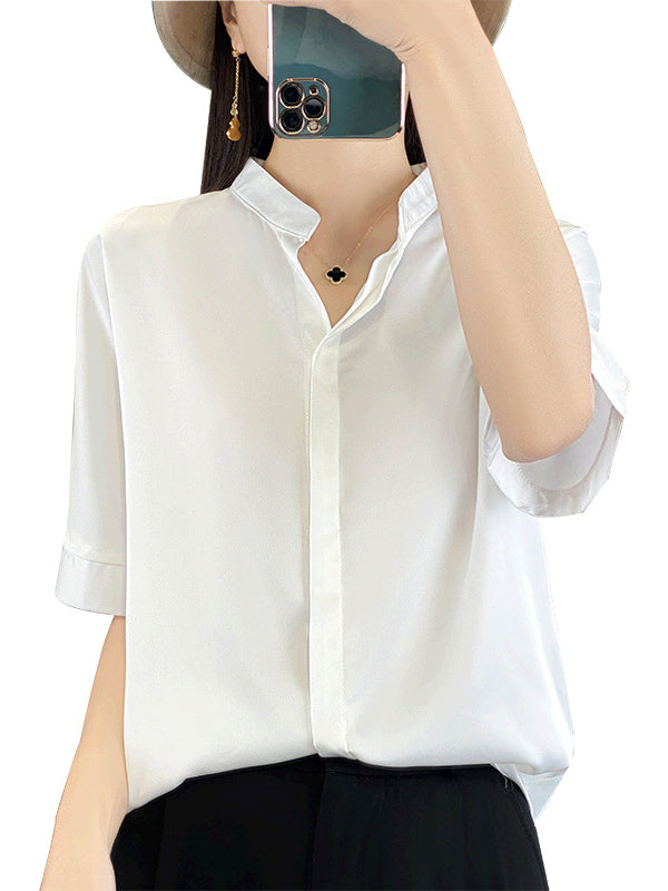 Buttoned Solid Color Loose Short Sleeves Stand Collar Blouses&Shirts Tops