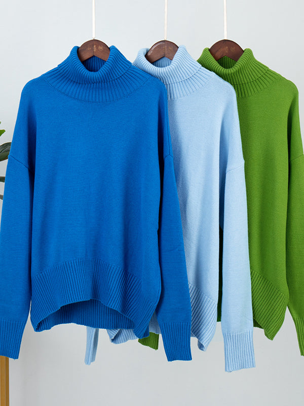 Casual Long Sleeves Loose Solid Color High-Neck Sweater Tops