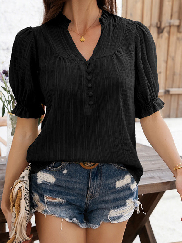 Buttoned Ruffle Trim Solid Color Flared Sleeves Half Sleeves V-neck Blouses&shirts Tops