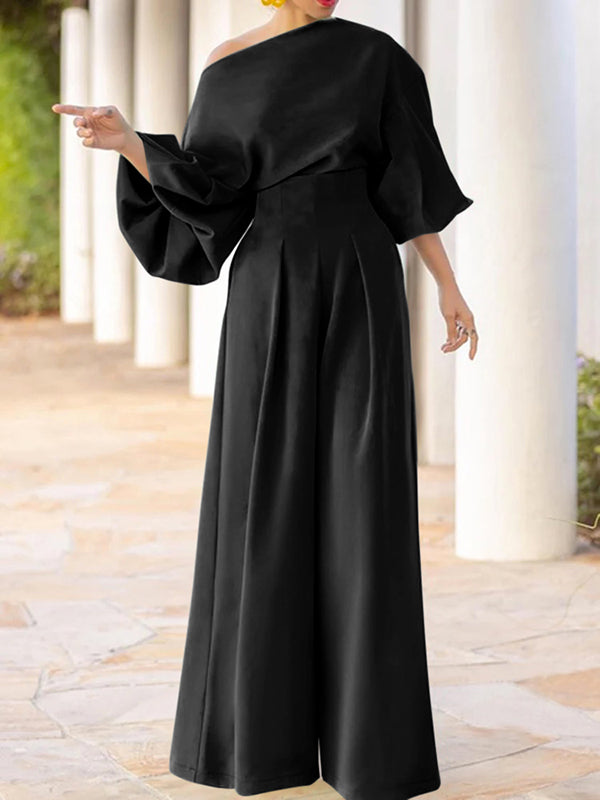 Long Sleeves Loose Solid Color One-Shoulder T-Shirt Tops&Pants Two Pieces Set