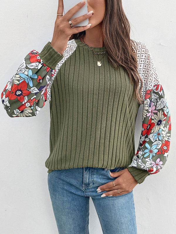 Contrast Color Flower Print Split-Joint Long Sleeves Loose Round-Neck T-Shirts Tops