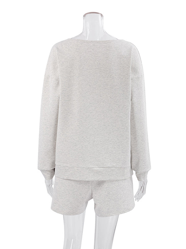 Round-Neck Long Sleeves Loose Elasticity Solid Color Shirts Top + Shorts Bottom Two Pieces Set