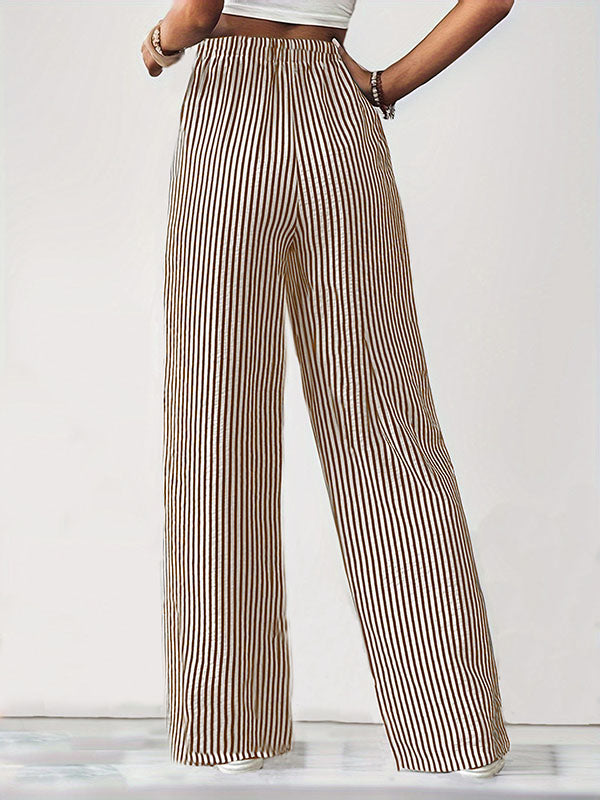 Drawstring Elasticity Pockets Split-Joint Striped Loose Trousers Pants