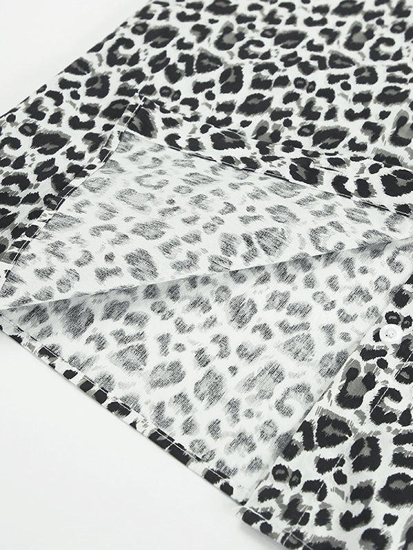 Leopard Printed Split-Joint Loose Puff Sleeves Peter Pan Collar Blouses&Shirts Tops
