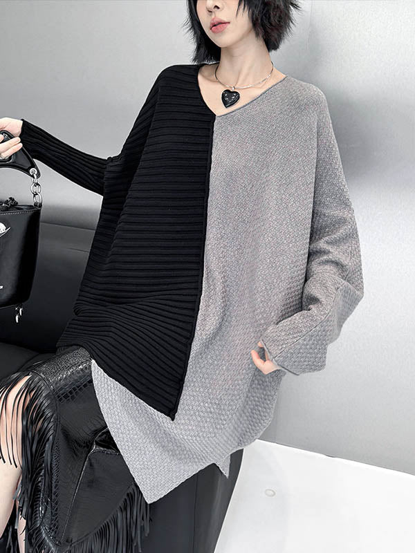 Asymmetric Contrast Color Split-Joint Textured Batwing Sleeves Irregularity V-Neck Sweater Tops