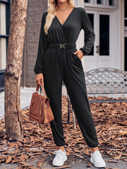 Belted Elasticity Long Sleeves V-neck Jumpsuits