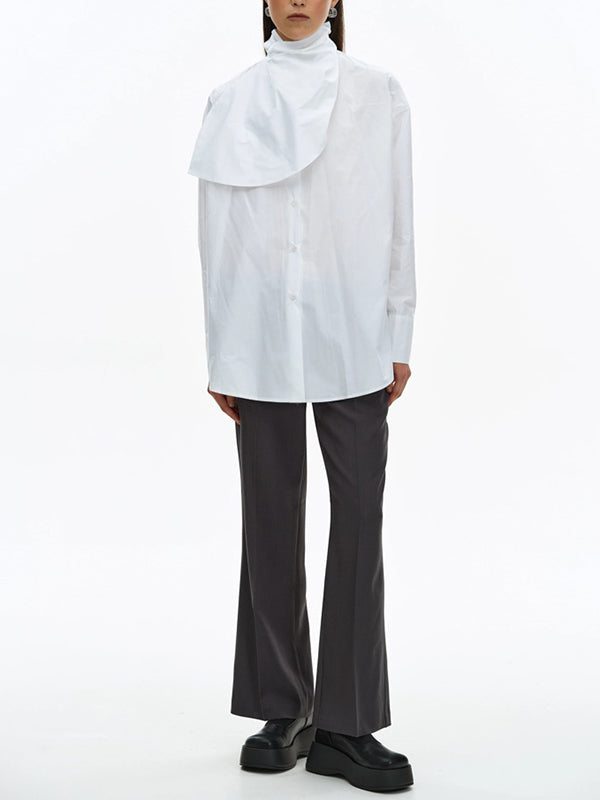 Asymmetric Buttoned Solid Color Split-Joint Long Sleeves Loose High Neck Blouses&Shirts Tops