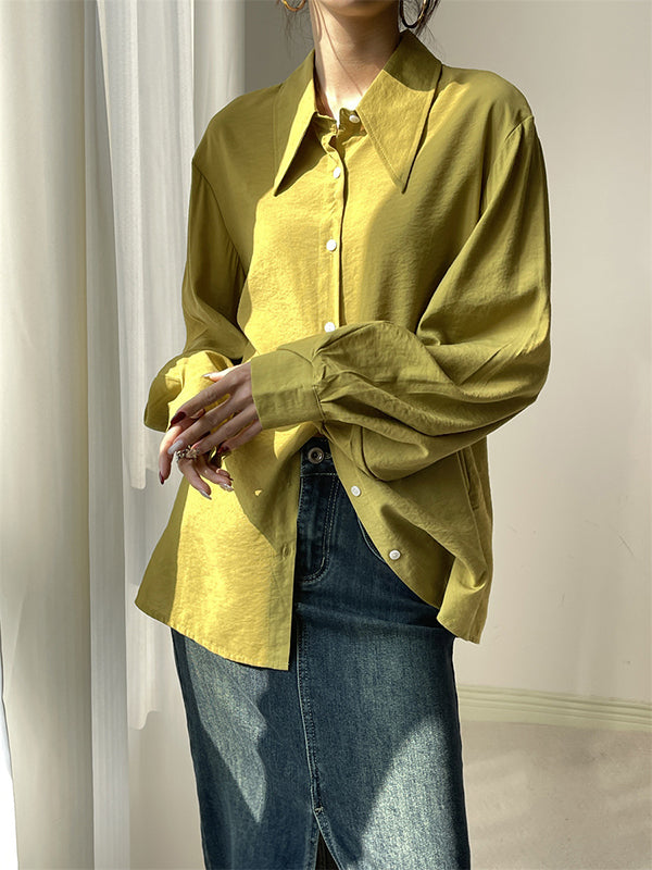 Pleated Split-Joint Sun protection Loose Puff Sleeves Lapel Blouses