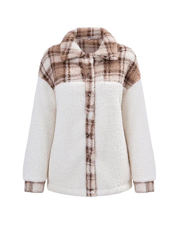 Buttoned Plaid Split-Joint Velvet Long Sleeves Loose Lapel Outerwear