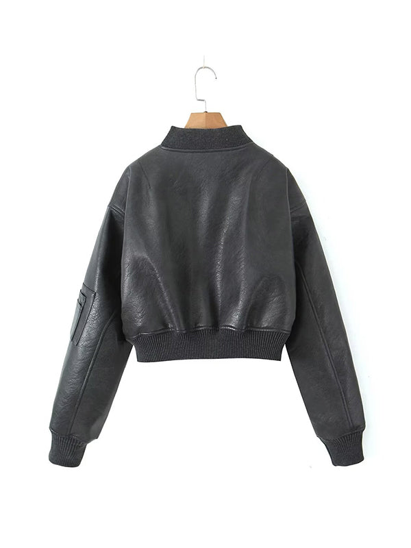 Quilted Solid Color Zipper Stand Collar PU Outerwear Jackets